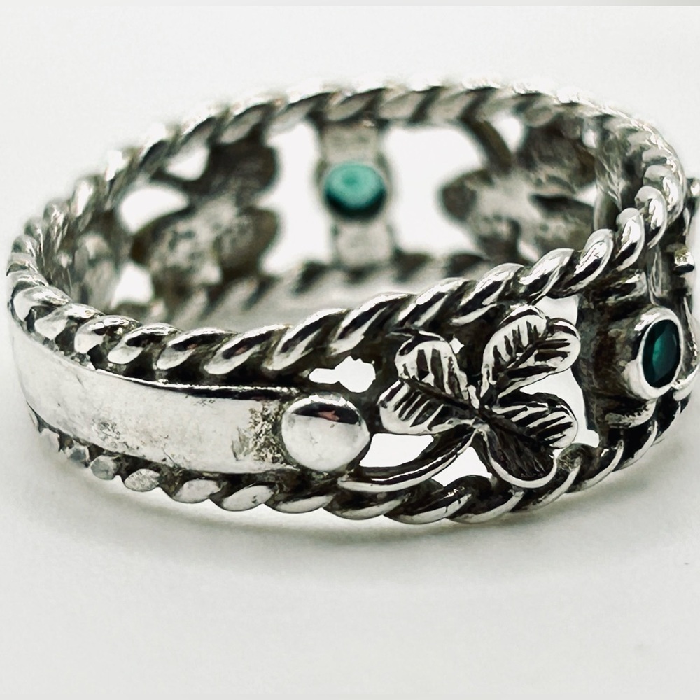 Vintage Green Agate Lucky Irish Shamrock 925 Sterling Silver Ring size 8.5 - Picture 11 of 12